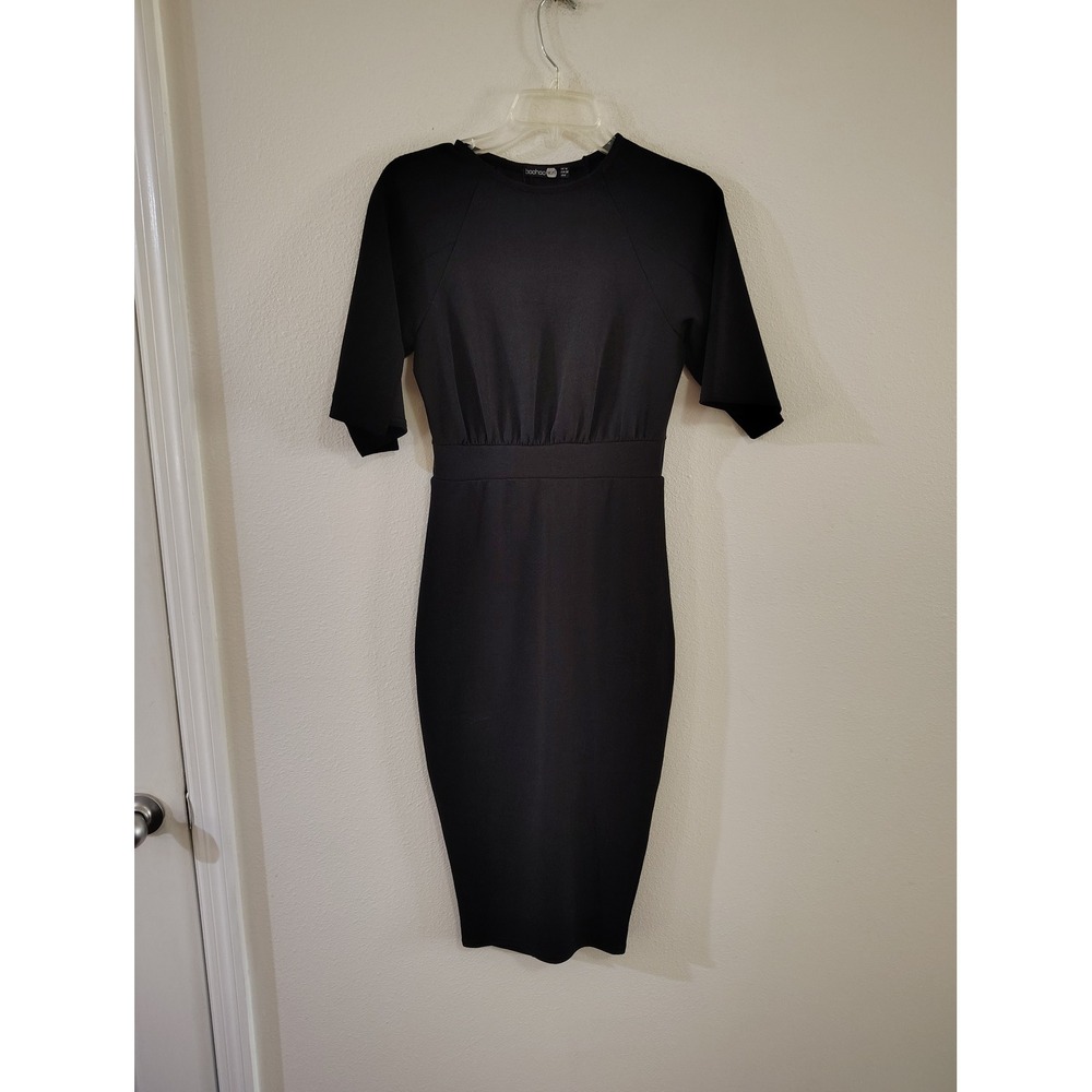 Boohoo Night Womens Black Bodycon Midi Dress Crew Neck Raglan Sleeve Size 6